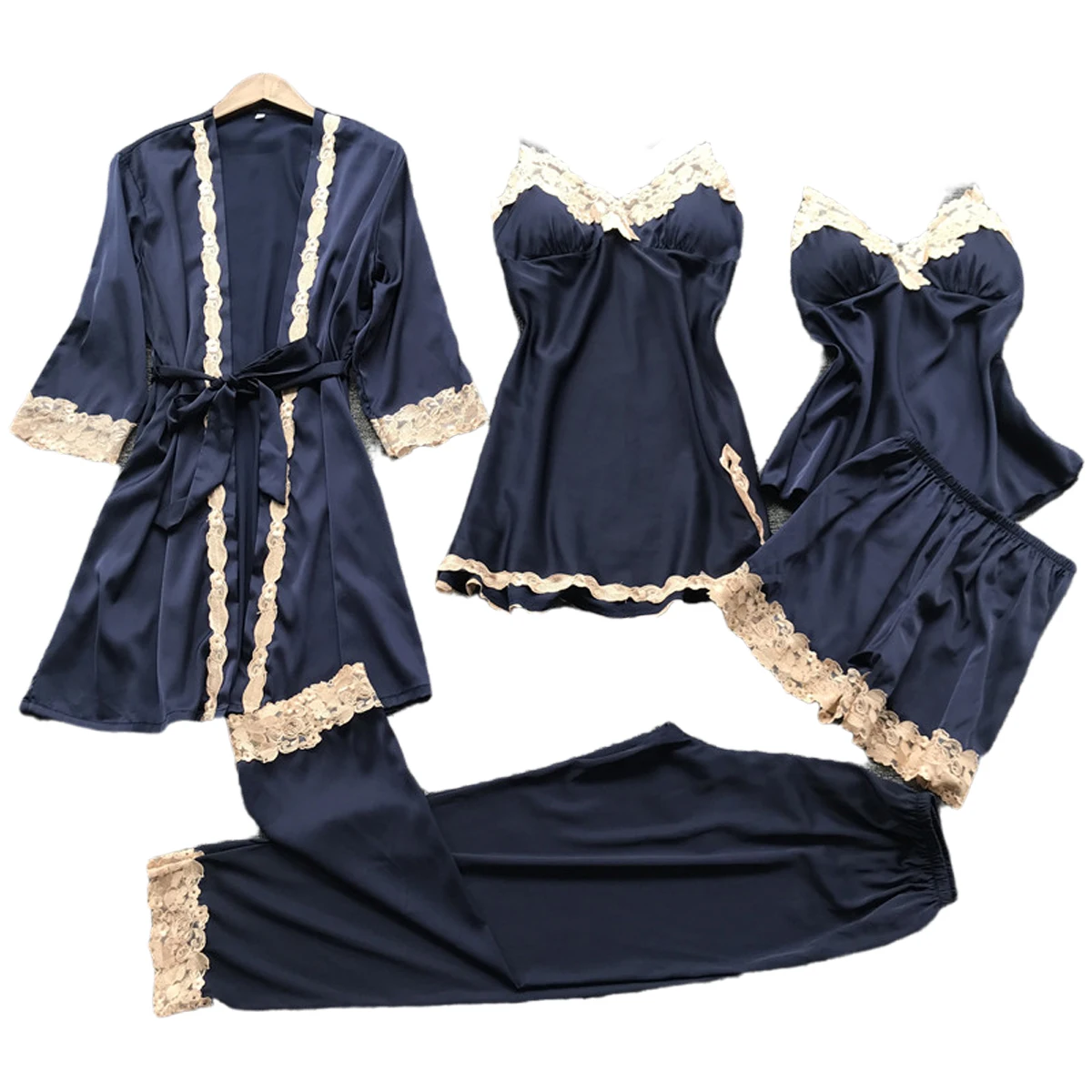 Новые женские пижамные комплекты кружевной Гладкий наряд кардиган платье с