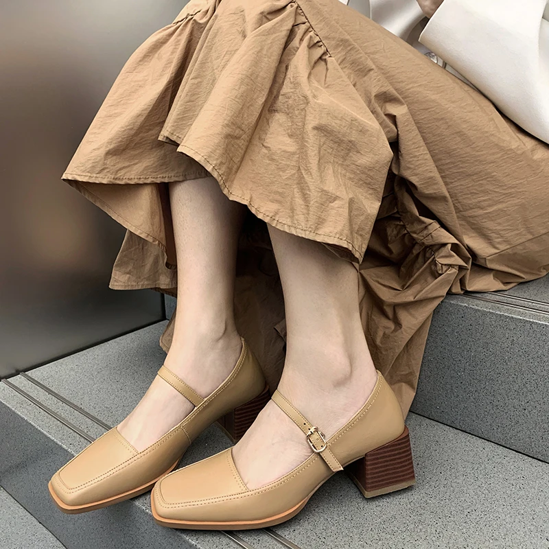 

Осенние туфли-лодочки happyend с квадратным носком, Туфли Мэри Джейн, женские ретро сандалии на среднем каблуке с пряжкой, кожаные туфли на кабл...