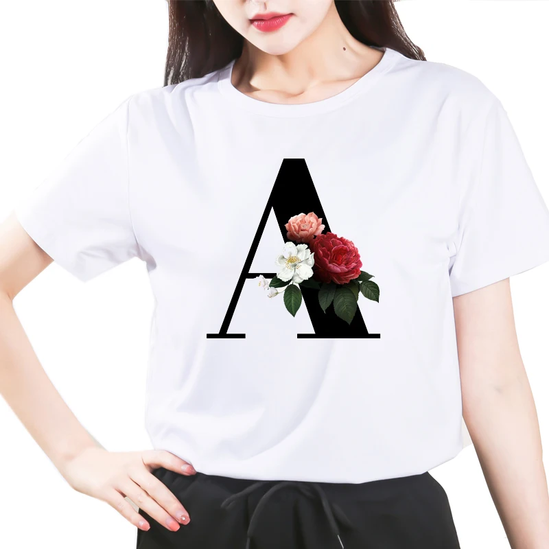 

Custom name 26 letter combination women's High quality printing T-shirt Flower letter Font A Short sleeve Clothes