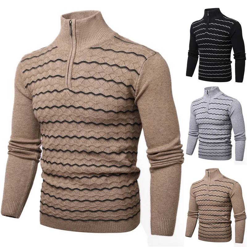 

Новинка 2021, мужской свитер, вязаные свитера на молнии, хлопковые пуловеры с высоким воротником, осенняя модная Удлиненная рубашка, мужской с...