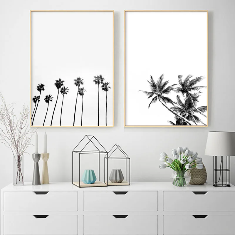 

Palm Treel Black White Canvas Painting Ocean Wave Minimalist Wall Art Posters and Prints Pictures for Living Room Decoration