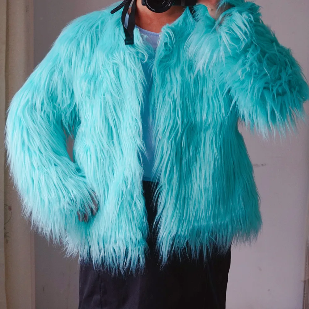 GTGYFF woman shaggy fluffy long sleeve fake faux fur jacket coat women warm garment mint green S-XXXL women's artificial coats