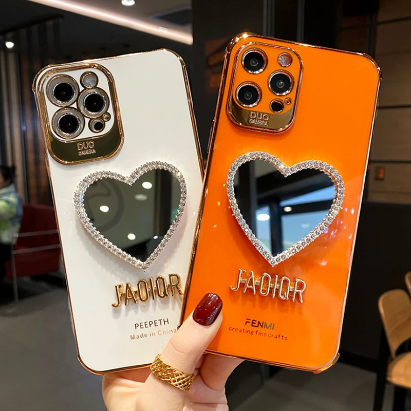 

Luxury Brand Plating Love Heart Mirror Phone Case For iPhone 12 Pro Max 11 7 8 Plus X XR XS MAX Girl Diamond Crystal Soft Cover