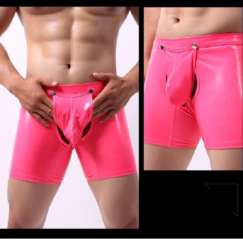 Men Patent Leather Sexual Interest Fad Dew Buttocks Boxers Low Waist Front Back Slit Gay Scrotal Pouch Separate Household Shorts | Мужская