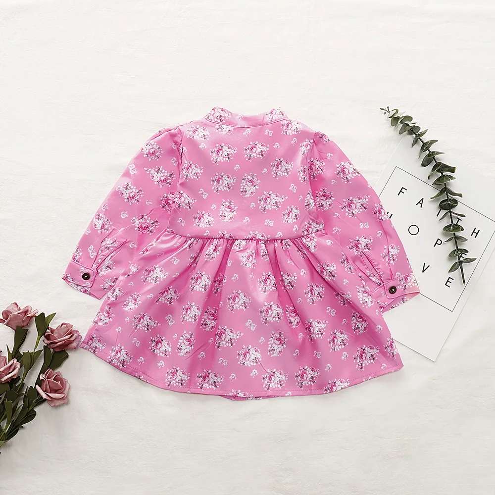 Children Girl Dress Long Sleeve Floral Printed 1-6 Years Toddler Shirt Pink Button Autumn Kids D30 | Детская одежда и обувь