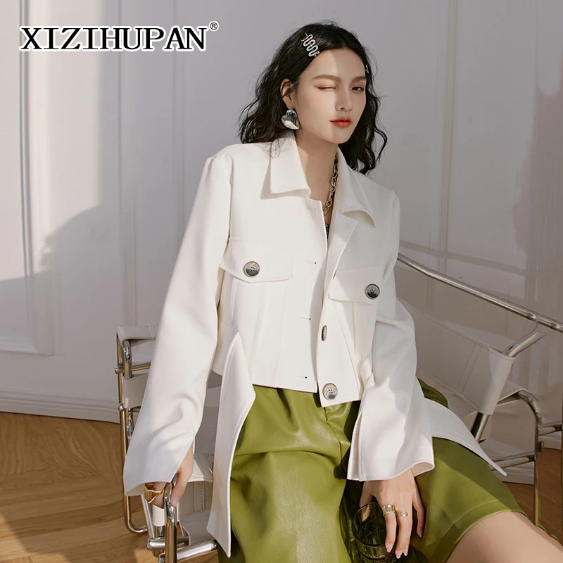 

XIZIHUPAN Korean White Jacket For Women Lapel Long Sleeve Pockets Streetwear Short Loose Coats Female 2021 Fashion Spring Style