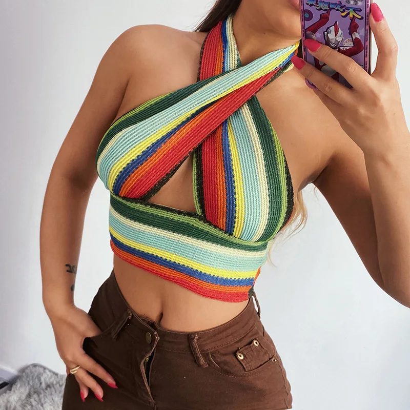 

Rainbow Colors Knitted Top Bandage Sexy Sexy Corset Cropped Tank Top Cross Halter Vests For Women'S Summer Fashion 2021 Clothing