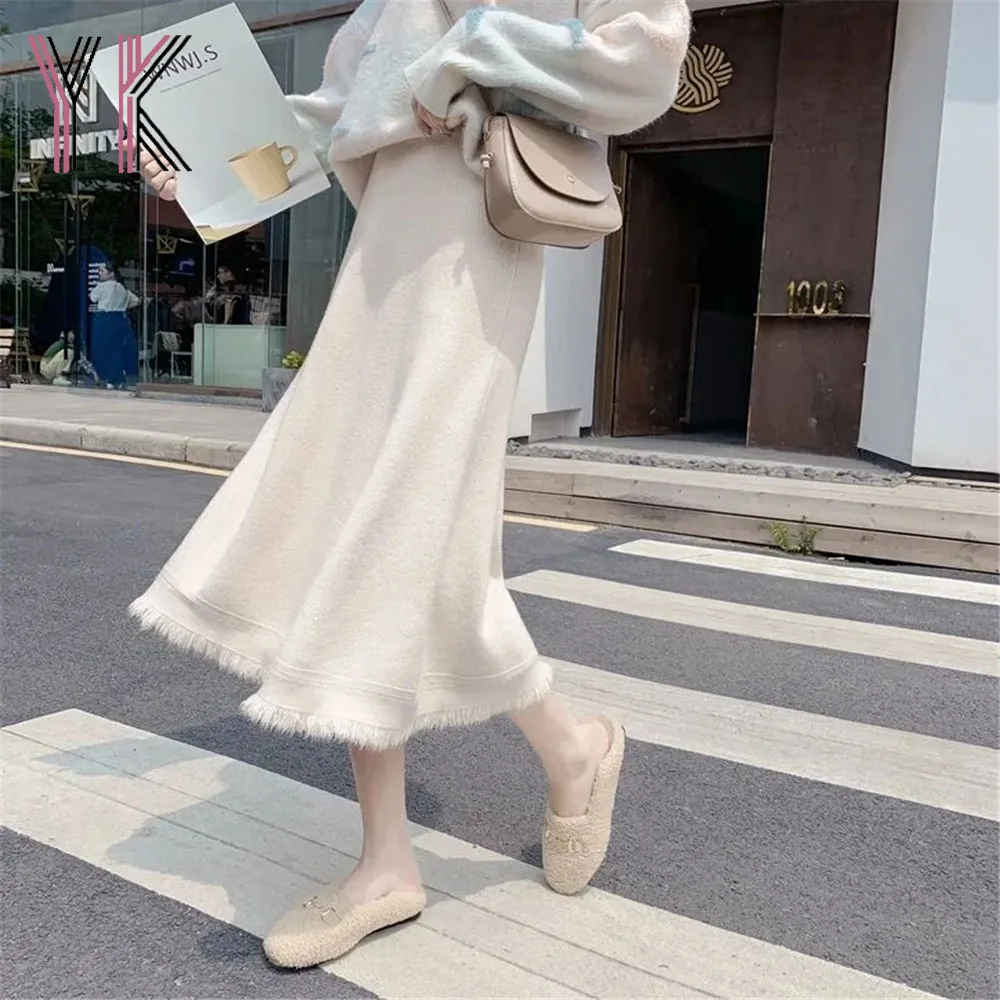 

Tassels Elastic Band High Waist Loose A-Line Midi Skirts Knitted Elegant Korean Fashion Sukienka Stretch Black White Woolen Saia