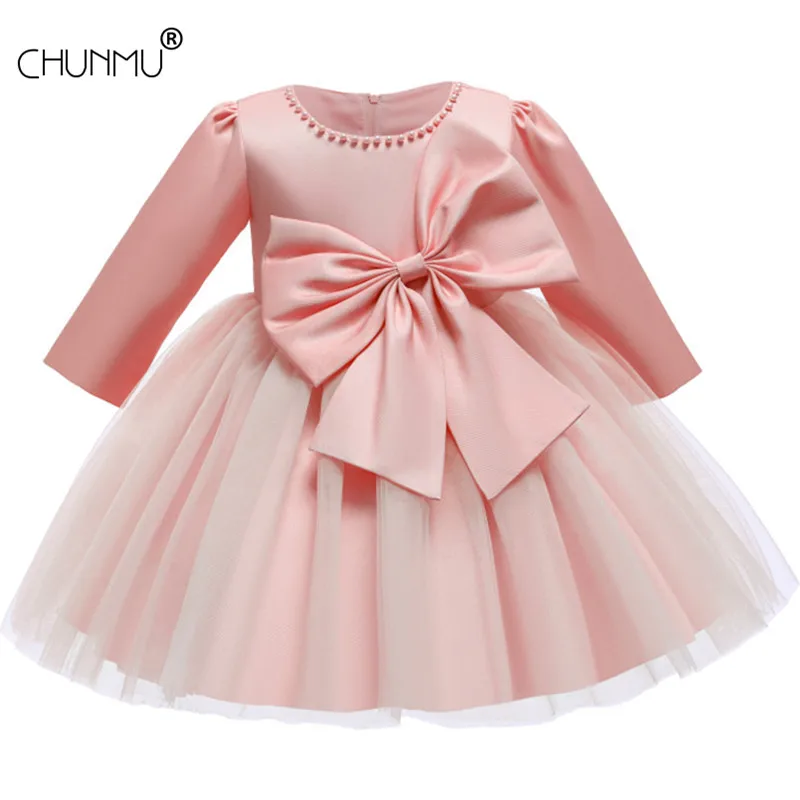 

Baby Girls Dresses Long Sleeve Bow 1st Birthday Gown Infant Party Pearl Tutu Princess Newborn Baptism Toddler Gril Clothes