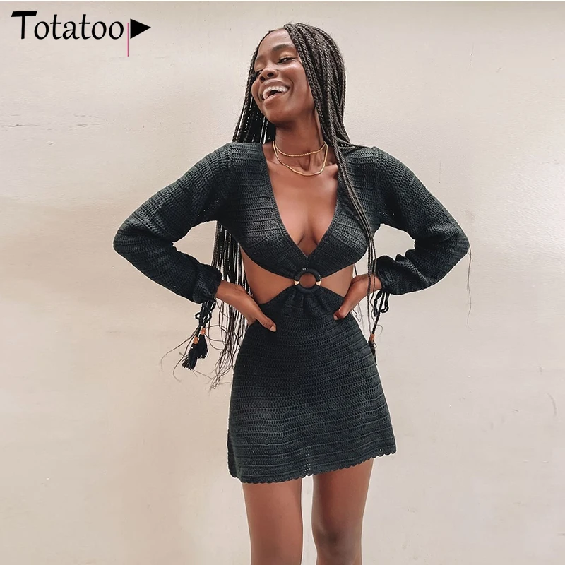 

Totatoop 2021 Crochet Knit Deep V Neck Sexy Beach Cover Dress Women Ring Hollow Out Tassel Lace Up Backless Holiday Party Dress