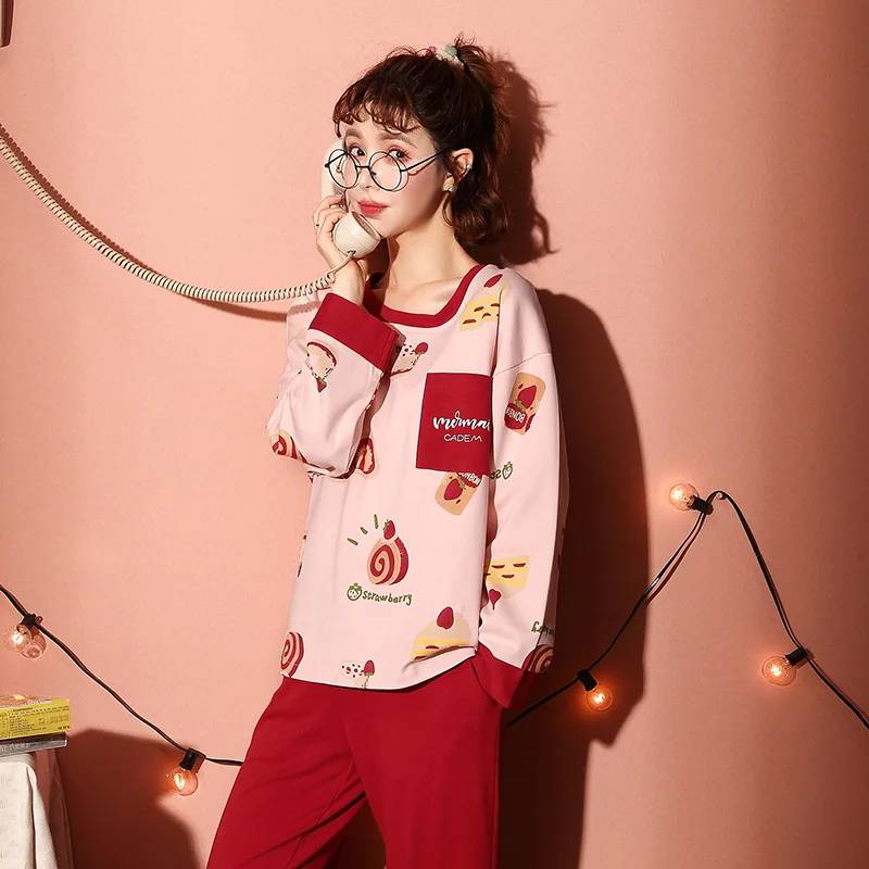 Foply Cartoon Pajamas for Women Full Cotton Pyjamas Sleepwear Nightwear Pijama Mujer Home Wear Plus Size Long Pants Nightsuit