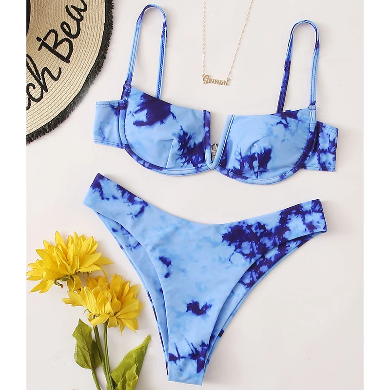 

For Women Low Waist Push Up Swimsuit ELAN MILRE Tie-dye 2 Piece Set Bikini V-neck Swimming Suit Underwire Swimwear Thong