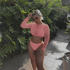 Комплект бикини женский из 3 предметов, однотонный сетчатый треугольный купальник с длинным рукавом и высоким воротом, бюстгальтер пуш-ап, треугольная купальная одежда