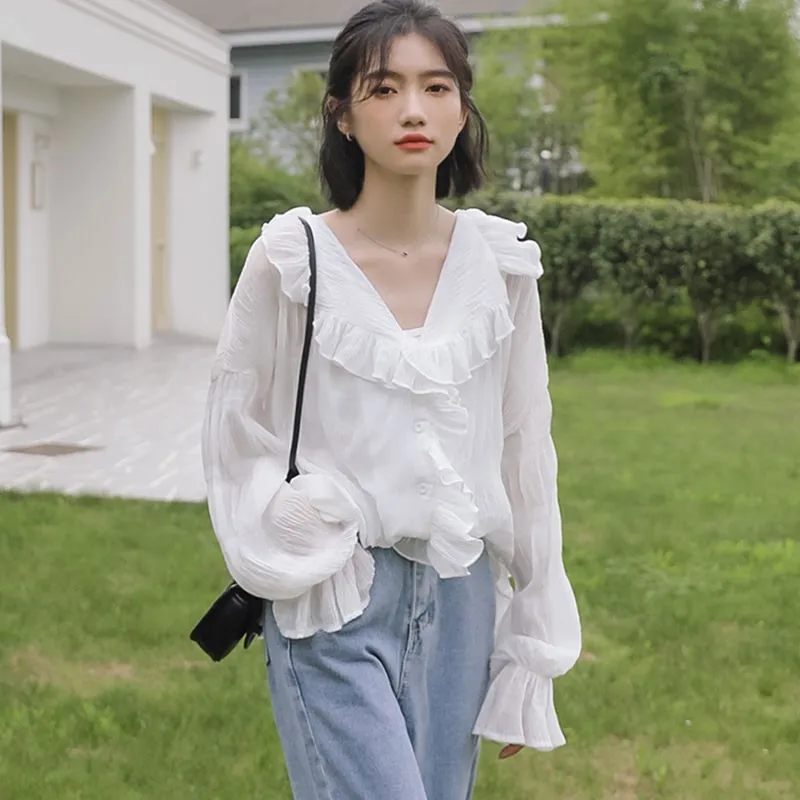 

Ladies Elegant White Blouses Shirts New Arrival 2021 Spring Korean Style V-neck Ruffles Loose Women Long Sleeve Casual Tops W044