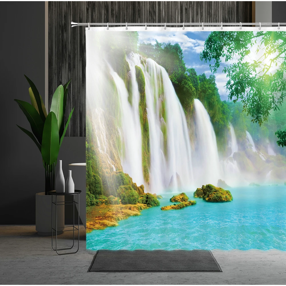 

Landscape Shower Curtain Animal Waterfall Sunlight River Forest Stone Leaf Gooses Bedroom Decorate Hanging Curtain Multiple Size