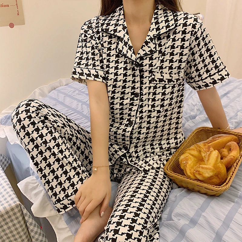 CAIYIER Autumn Winter Ladies Pajamas Set turn-down Collar Short Sleeve Trousers Casual Sleepwear Girls Cartoon Soft Pijama Suit