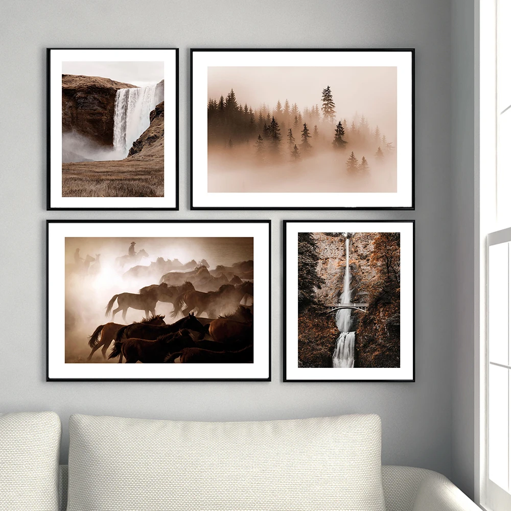 

Modern Landscape Benson Bridge Waterfall Poster And Print Forest Horse Running Wall Art Canvas Painting Bedroom Decor Pictures