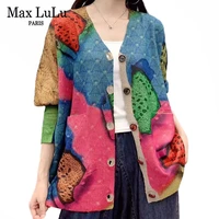 max lulu korean fashion autumn 2021 casual v neck knitted womens cardigans printed female loose clothes gothic buttons sweaters