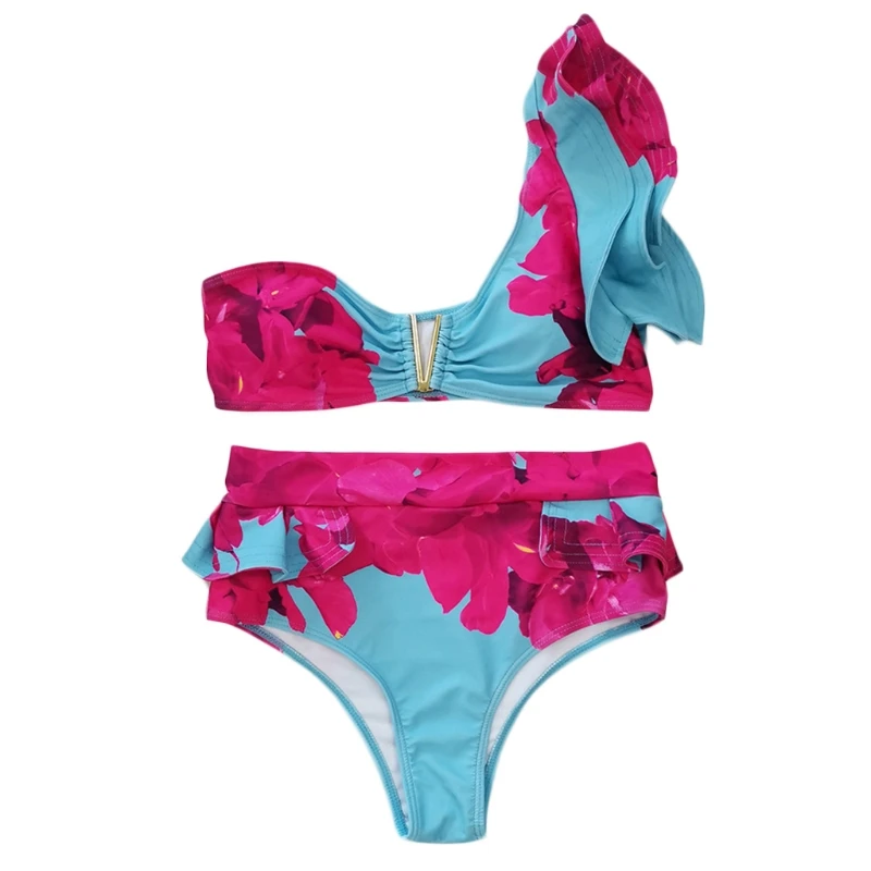 

Women Sexy 2pcs Floral Fruits Bikini Set Cutout One Shoulder Ruffled Swimsuit 24BD