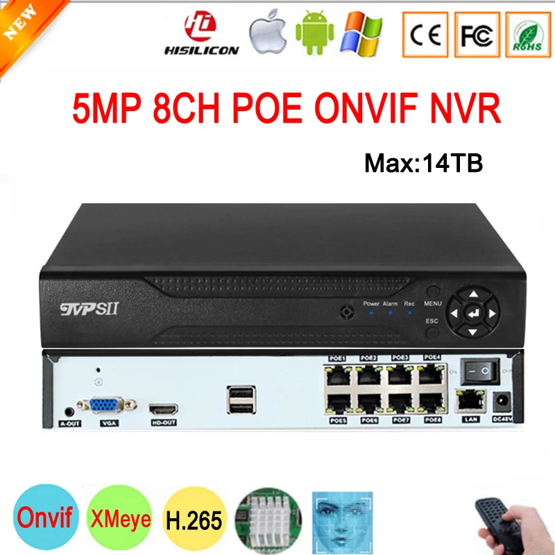 

Remote Control Hi3536D Xmeye Audio 5MP 8CH 8 Channel H.265+ Face Detection 48V POE Onvif CCTV NVR Network Video Recorder
