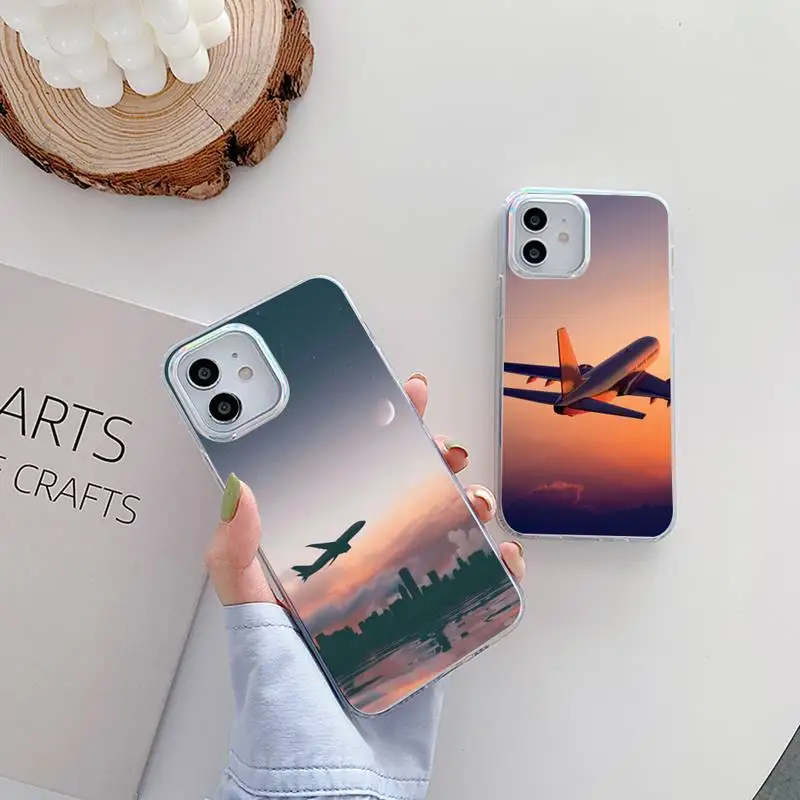 

Airplane on the sky Phone Case for iPhone huawei P 7 8 9 11 12 10 30 40 S X XS XR MINI Pro Max Plus laser Transparent Glitter