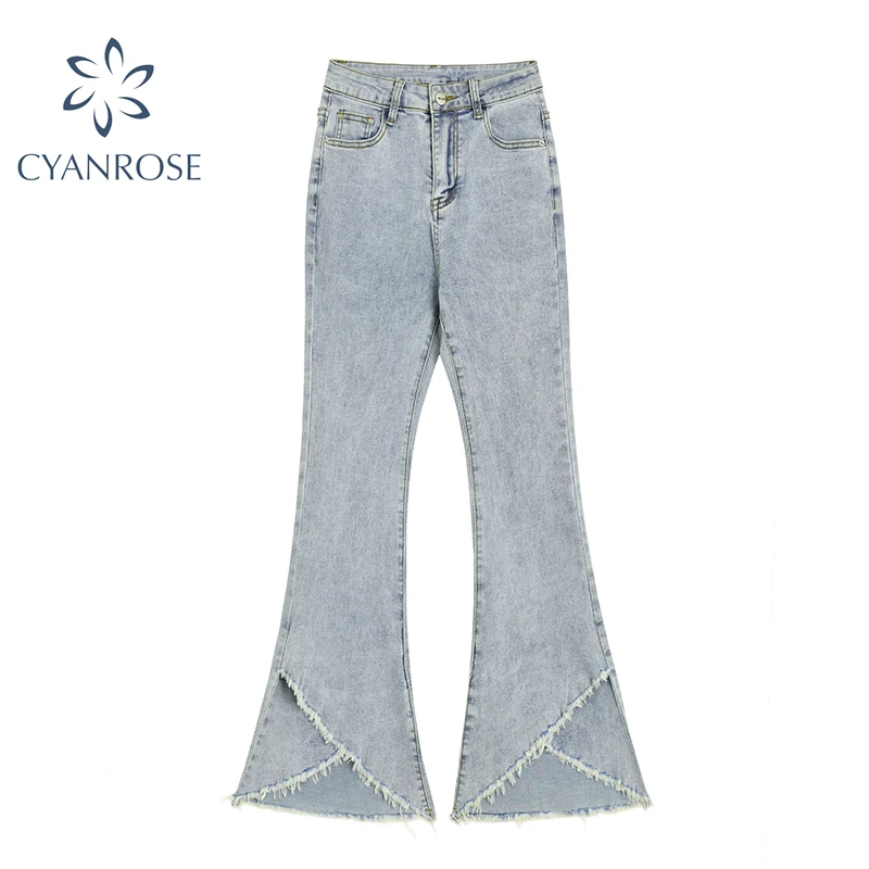 

Chic Flare Jeans For Women High Waisted Front Slit Burring Design Vintage Streetwear 2021 Summer Fashion New Female Long Trouser