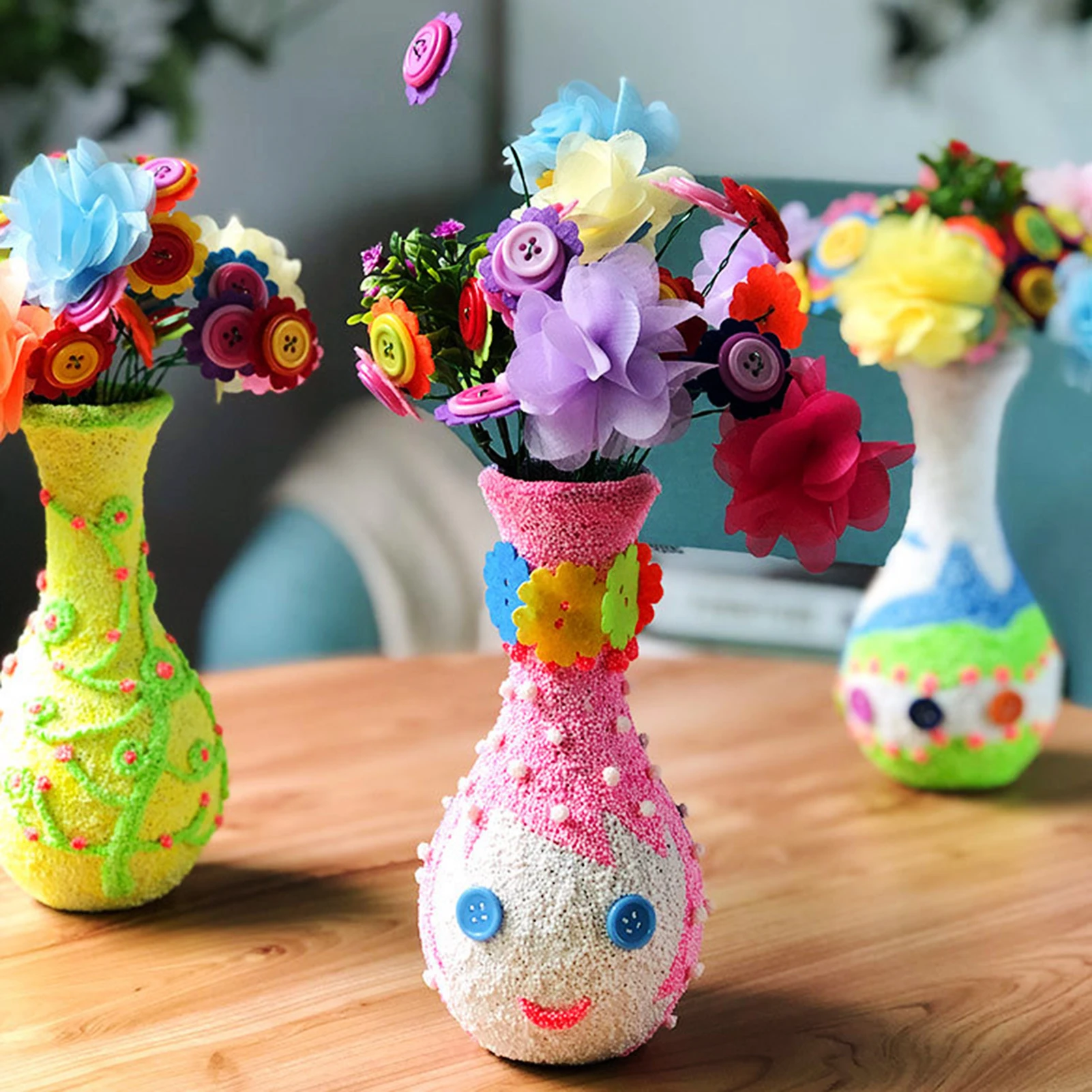 Ramo de flores hecho a mano con botones para ni&ntilde;os, juguete artesanal, Ornamnet, regalo de Navidad-1