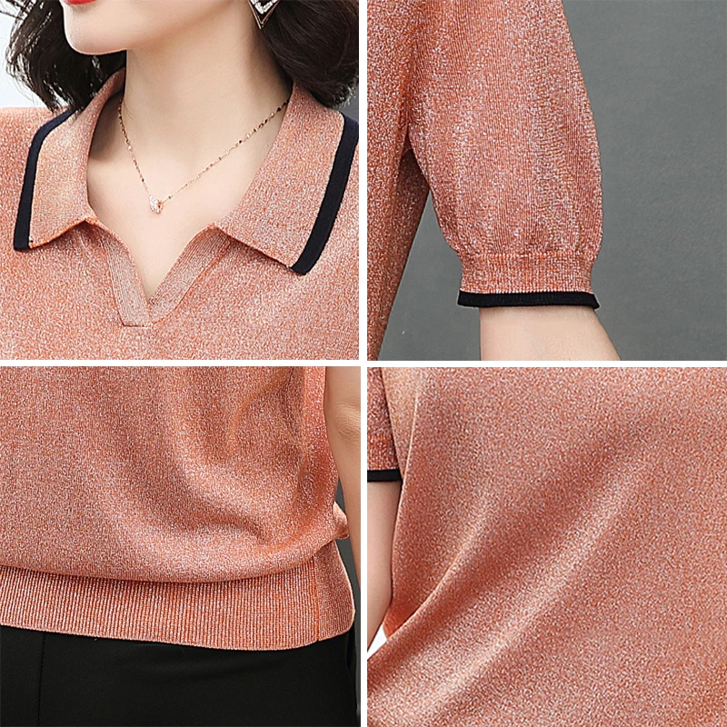 

Plus Size Knitwear Tops Casual Summer Loose Solid Tees Female Turn-down Collar Bright Silk Knitted Short Sleeve T-Shirt Women