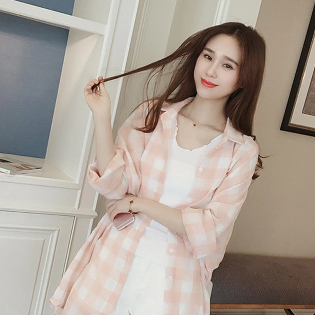 2019 Весна большая клетчатая рубашка Женская Корейская Толстовка Harajuku тонкий Blosue