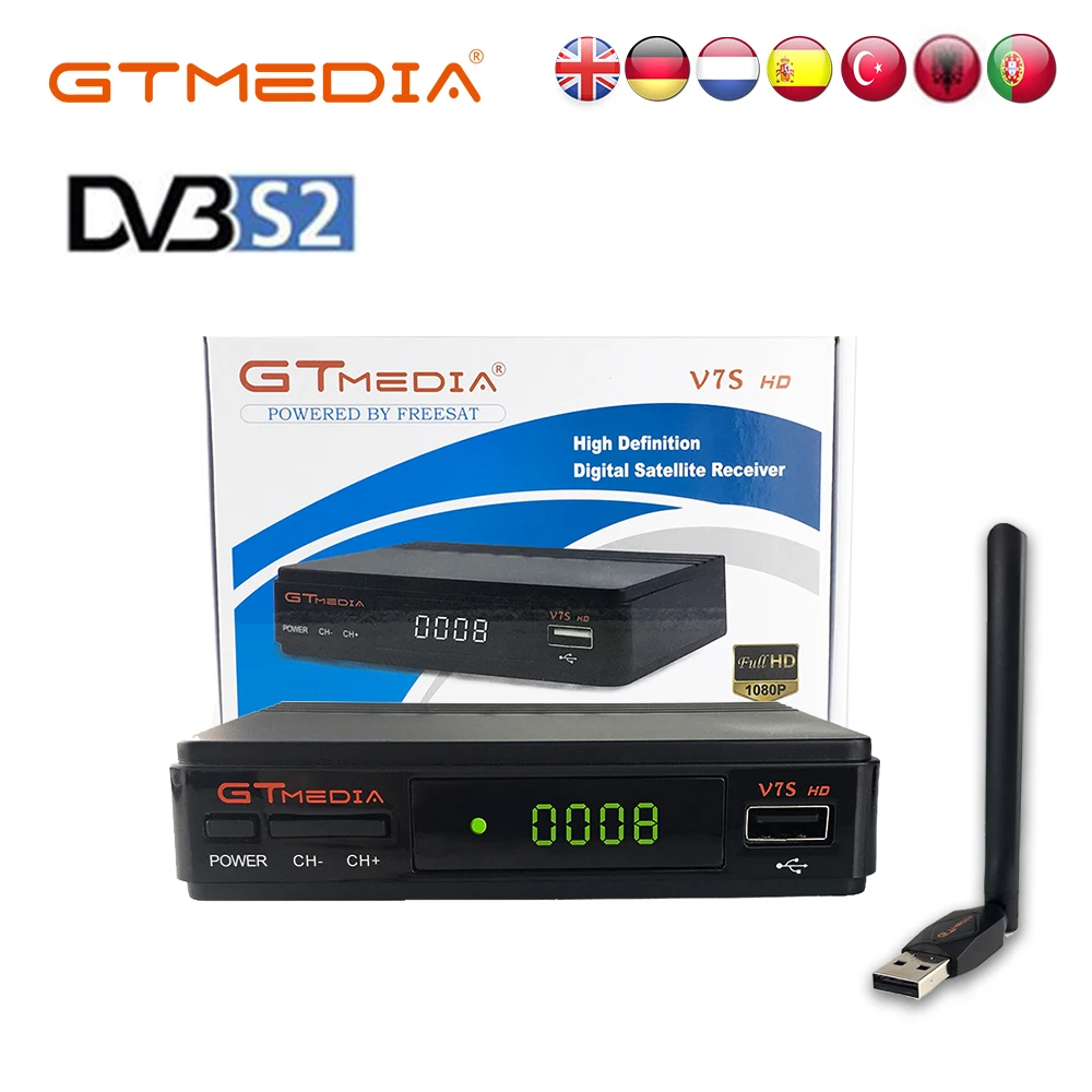 Спутниковый ТВ приемник GTMEDIA v7s hd DVB S2 1080P + USB Wi Fi антенна обновленный тюнер из