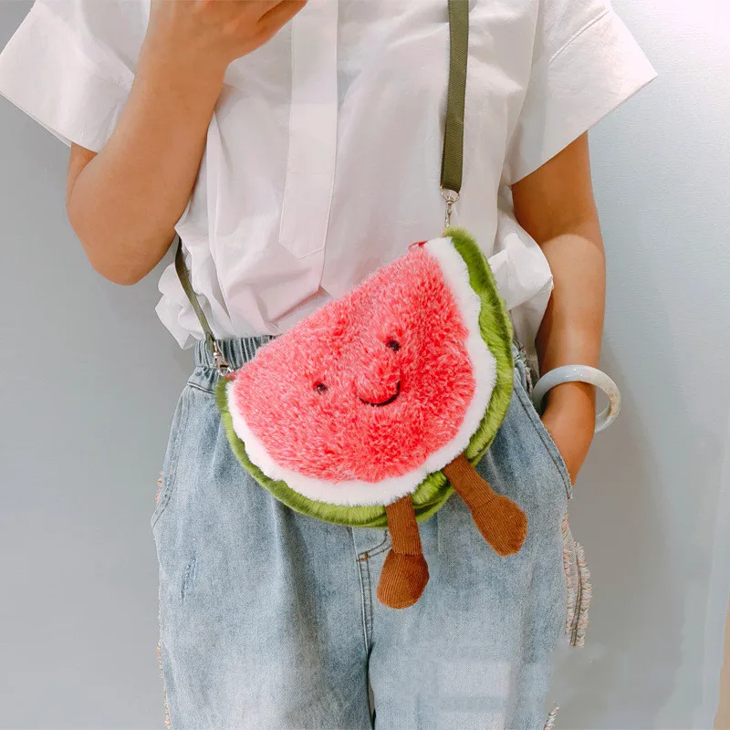 

Women plush Watermelon avocado shoulder bag girl cartoon doll cute fur toy pineapple doll bag