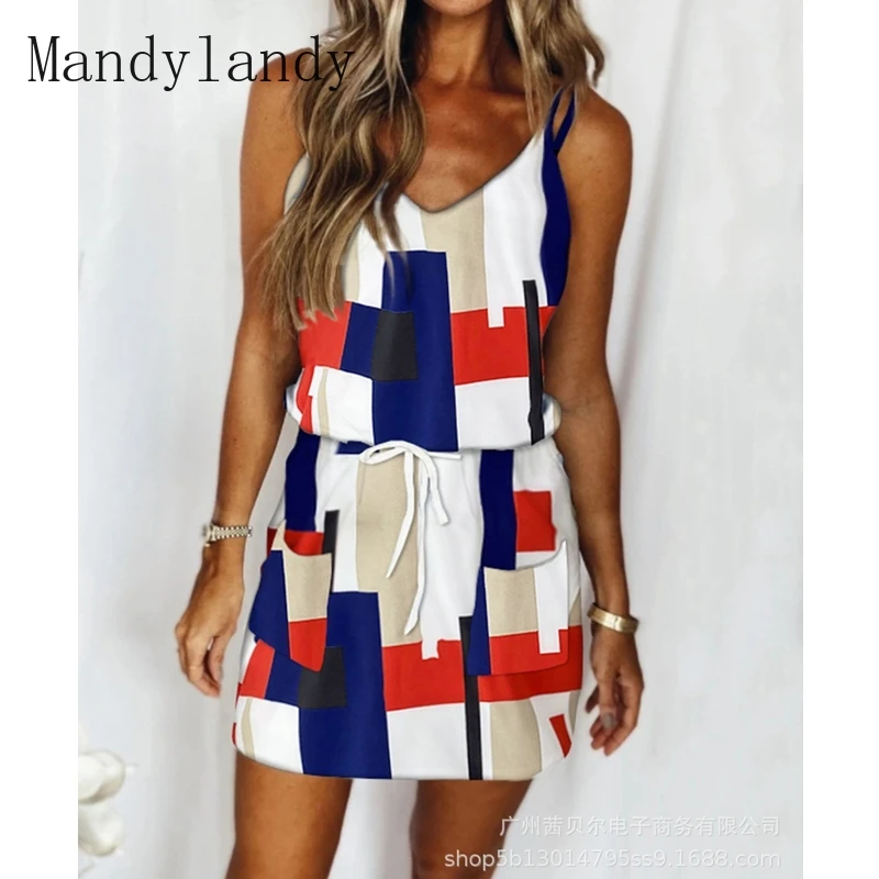 

Mandylandy Dress Summer Fashion V-neck Backless Loose Spaghetti Strap Dress Women's Sexy Lace Printing Dress