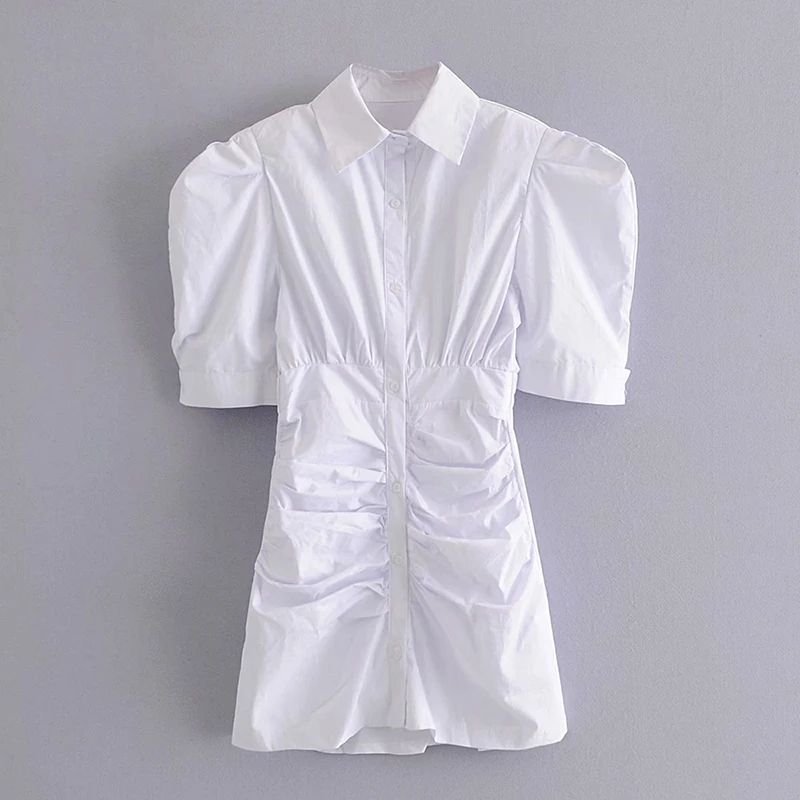 

XEASY Single-Breasted Chic Dress Lapel Vestido Slim Waist Buttocks Puff Sleeve Pleated Bodycon Dress Women Fashion Simplicity