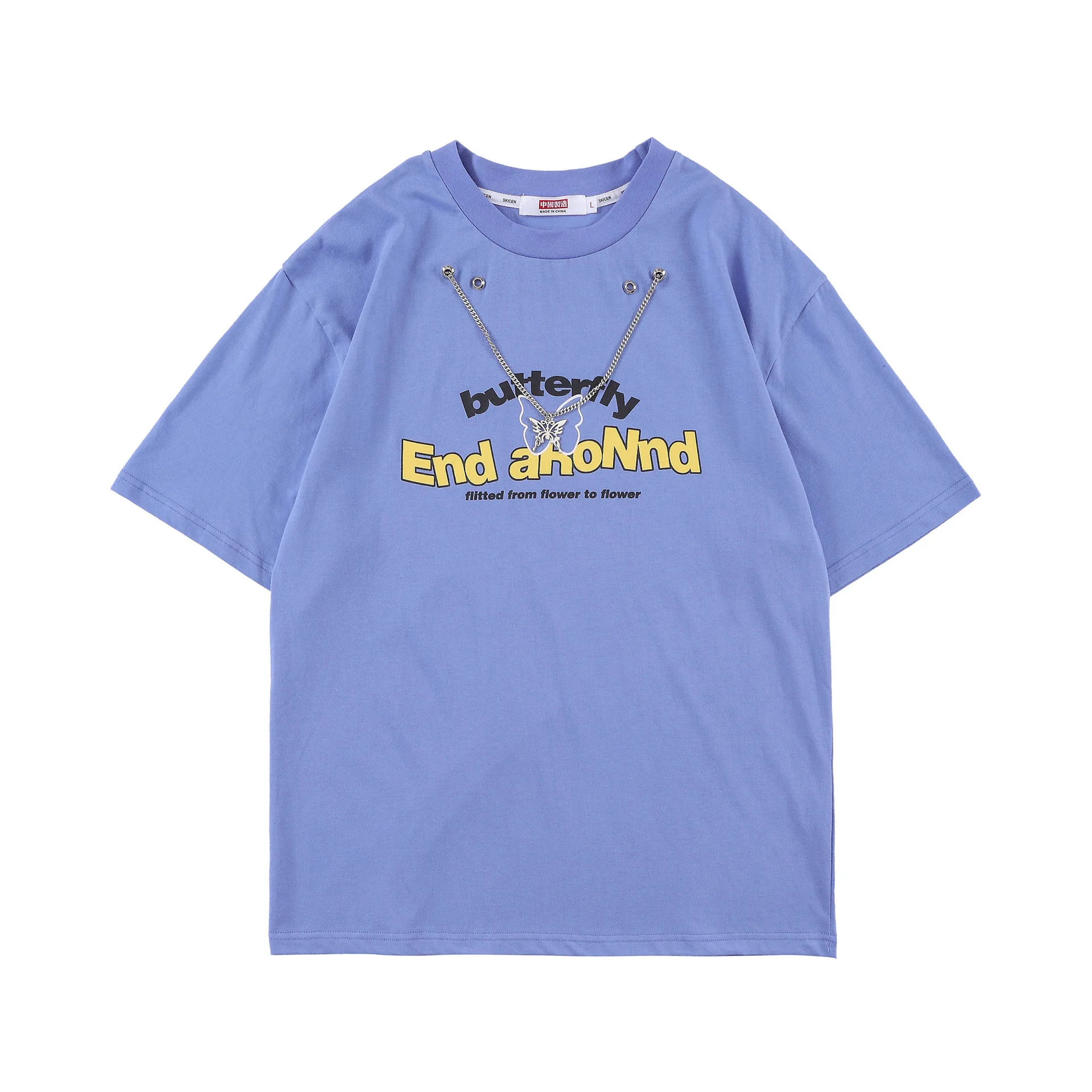 

Unisex Couples Summer Harajuku Style Butterfly Chain Half Sleeve Men's Round Neck Loose Letter Printing T-shirt