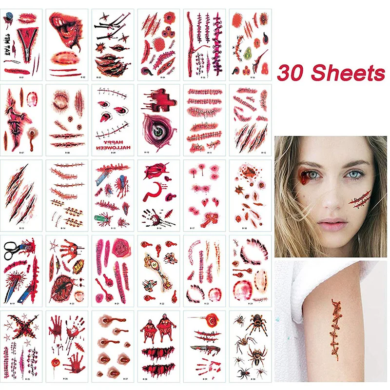 30 шт. Хэллоуин Поддельные Шрам Татуировки Водонепроницаемый временные Зомби