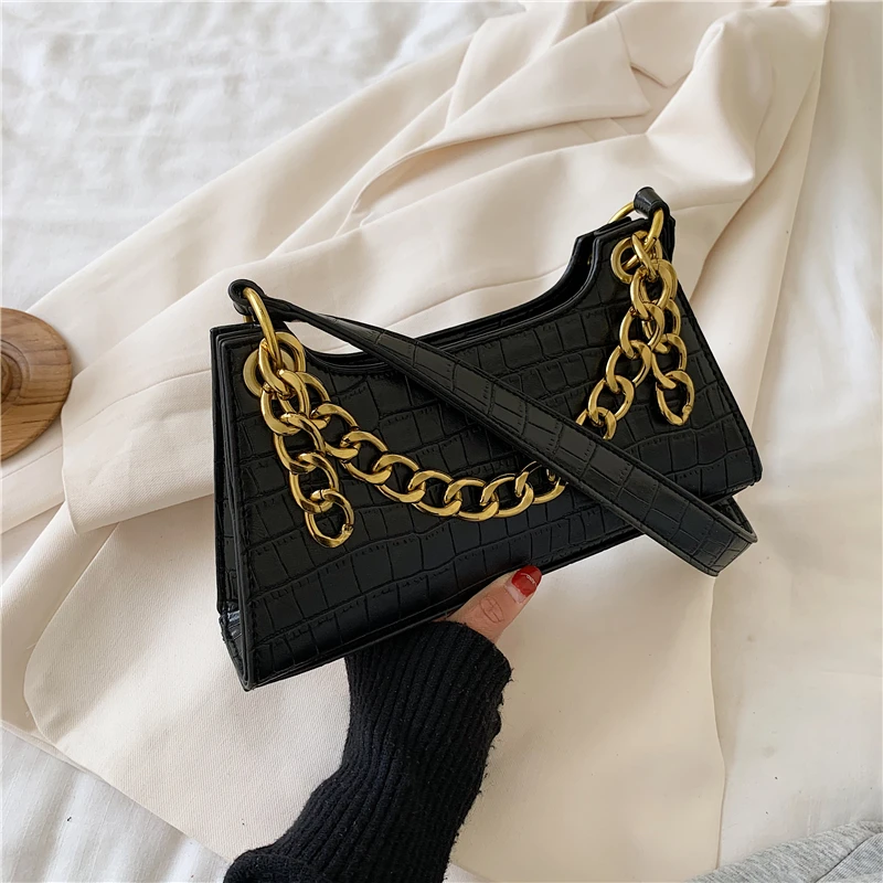 

Tote Bags For Women Vintage Handbag Mini Leather Shoulder Bag Retro Thick Chain Women Bag Stone Pattern Female Purse