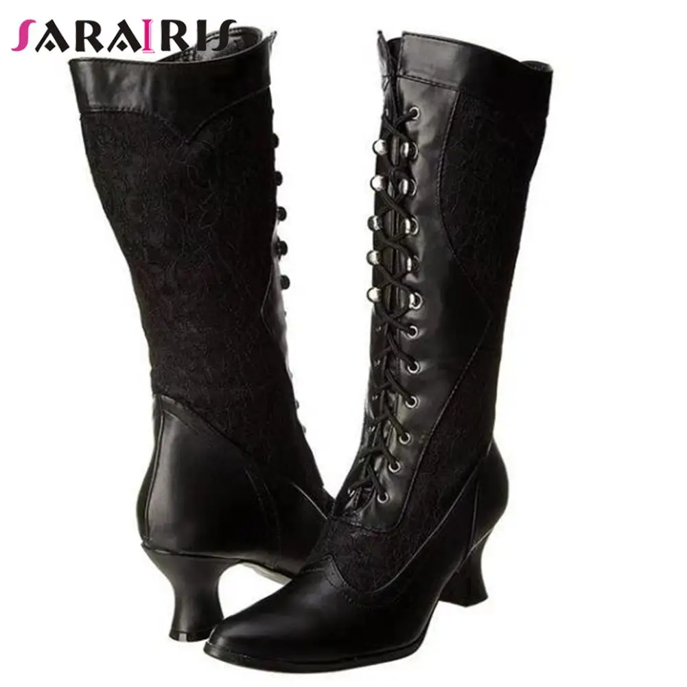 

SaraIris Big Size 48 Female Boots Comfy Warm Strange Style Pointed Toe Zip Med Heel Cross-tied Cosplay Mid-Calf Women Boots