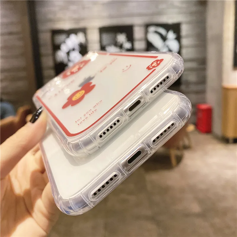 

Transparent Cartoon Red Flower Phone Case For iPhone 11 12 Pro Max X XR XS Max 12 Mini 7 8 Plus SE 2020 Cute Soft Anti-fall Capa