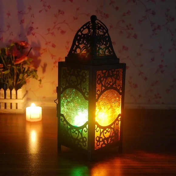 

Европейский пасторальный, черный полый железный, рельефное цветное стекло, воск