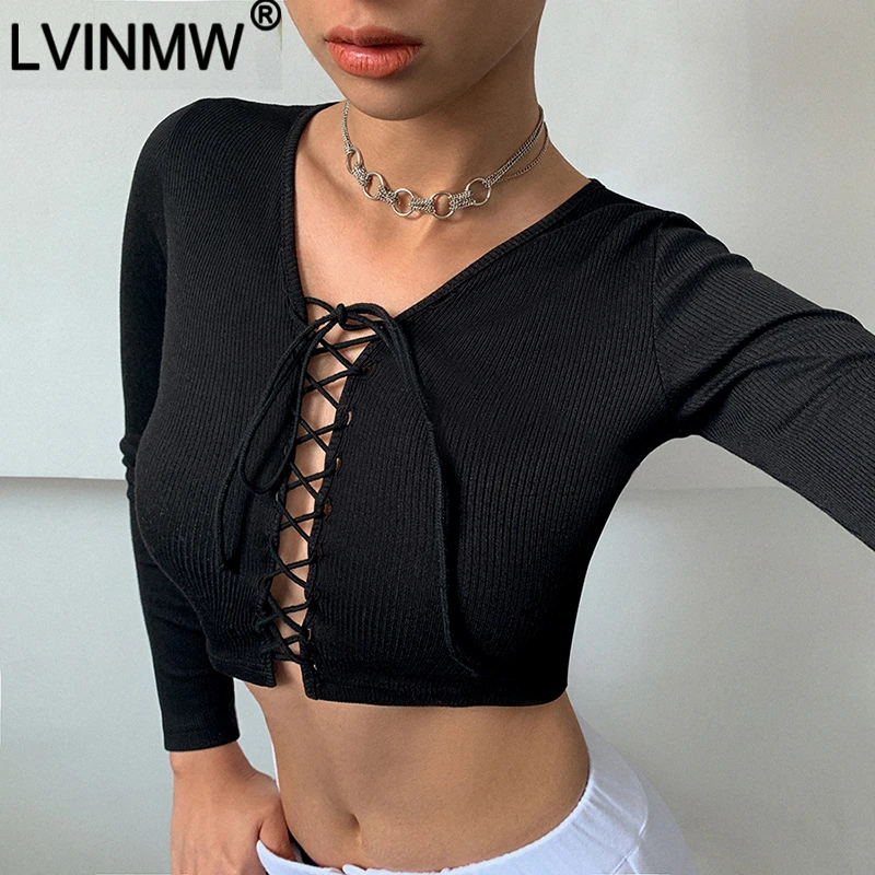 Женская трикотажная футболка LVINMW черная облегающая с длинным рукавом и