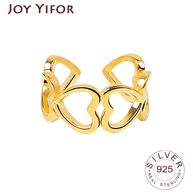 

925 стерлингового серебра новый простой дизайн сердце Форма золото Цвет кольца модные потертые открытие кольцо ручной работы модные ювелирн...