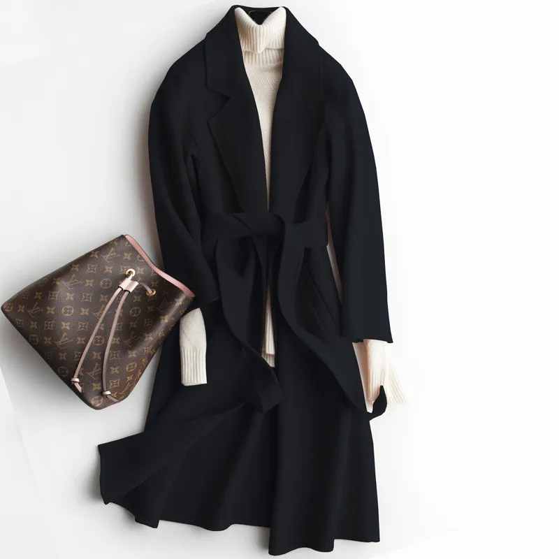 

Новинка 2020, двустороннее шерстяное пальто, Женское шерстяное пальто средней длины выше колена, Женская приталенная ветровка с длинными рук...