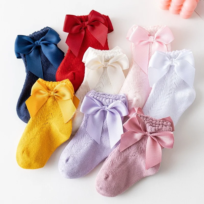 

Летние Новые дышащие мягкие хлопковые носки для девочек носки для малышей с бантом однотонные принцесса ребенок новорожденная носки детск...