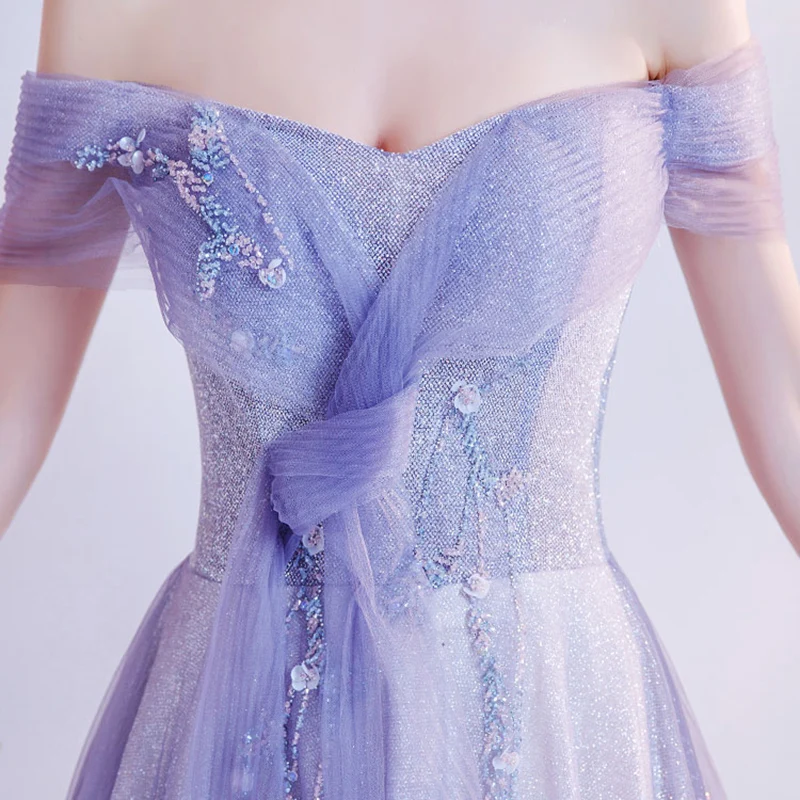 

Evening Dress Illusion Strapless Off The Shoulder Lace Tulle Pleat Court Train Beading Sequined Elegant Women Formal Gown TS728