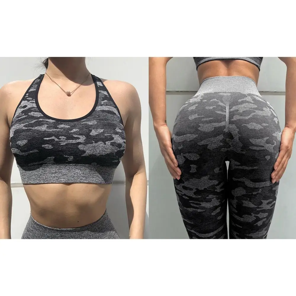 Black Set 2 шт., камуфляжный комплект для йоги, спортивная одежда для женщин, одежда для спортзала, фитнеса, попа, Леггинсы для йоги, спортивный бюстгальтер, спортивный костюм для спортзала, Femme - Цвет: Black Set