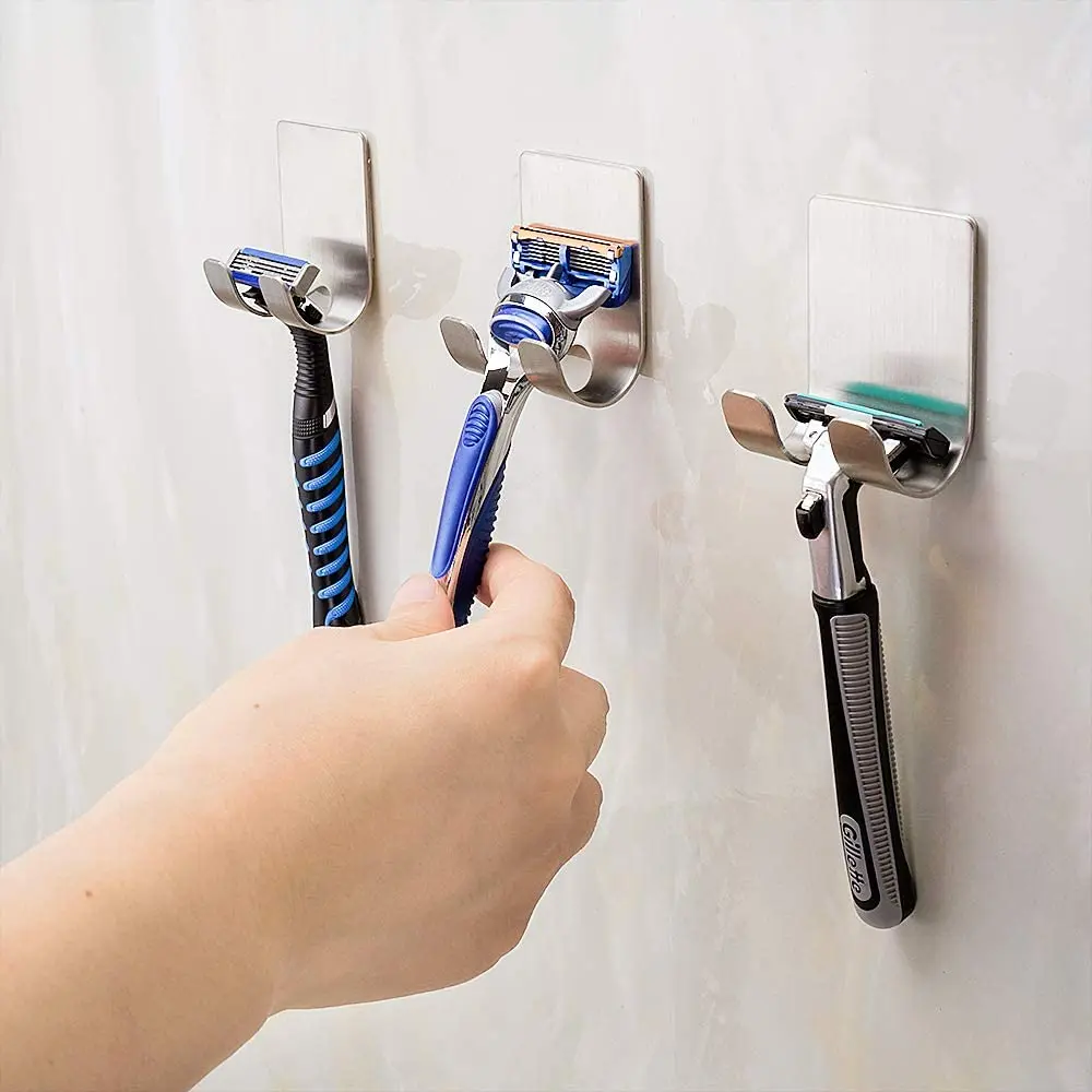 

Razor Holder for Shower Wall Adhesive Shaver Hanger Stand Stainless Steel Utility Hook Bathroom Kitchen Organizer-4 Packs