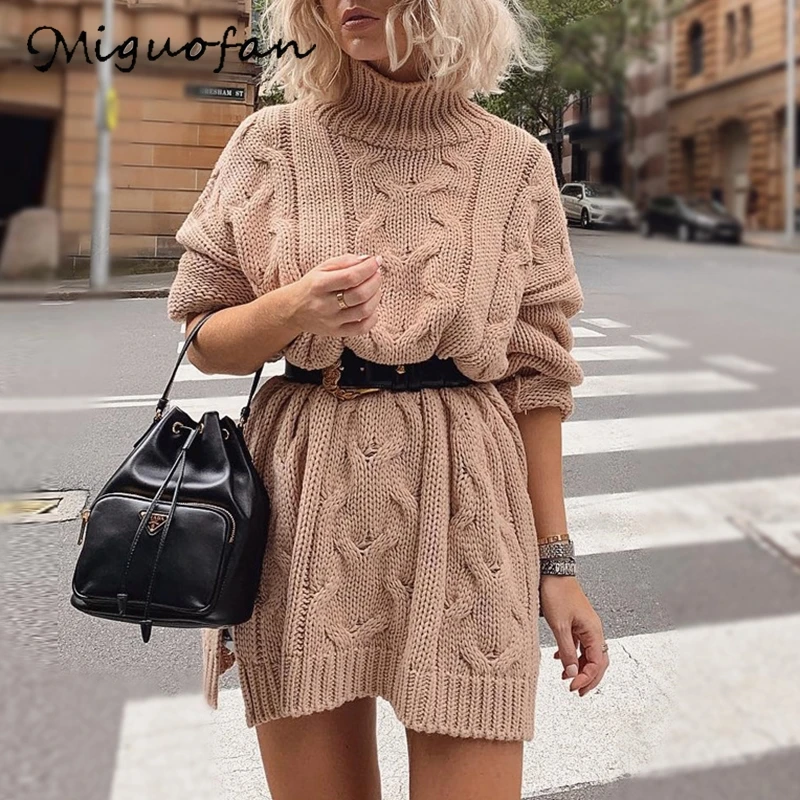 Женское трикотажное платье Miguofan белое однотонное свитер с высоким воротником