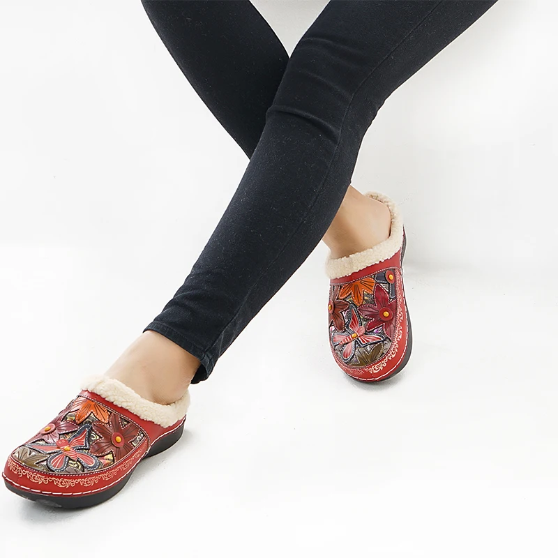 Женская обувь из натуральной кожи Домашние тапочки в стиле ретро Зимняя женская