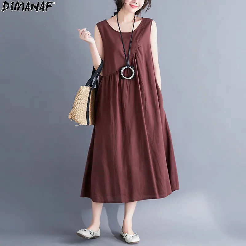 

Женское пляжное платье-жилет DIMANAF, свободный сарафан оверсайз без рукавов, с круглым вырезом, повседневная одежда на лето, 2021