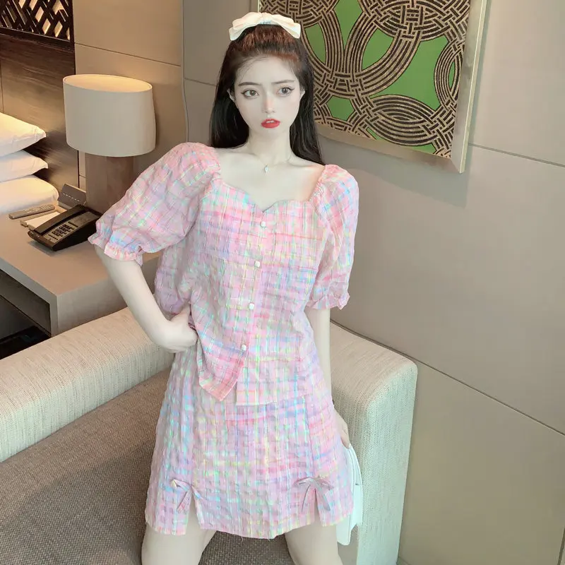 

Korean Style Women Two Pieces Skirt Suit Set Fashion Smart Casual Pink Gingham Short Sleeve Blouse And Mini Skirt Twinset Look